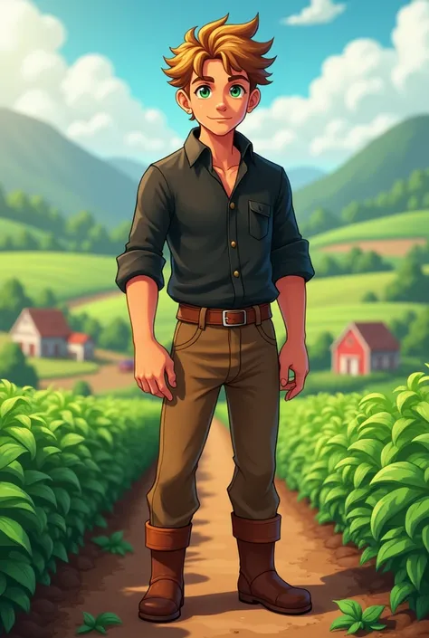 Create a 19-year-old man with light brown hair,  light green eye, black blouse and brown pants and brown boot ,  a farmer inspired by Stardew Valley  