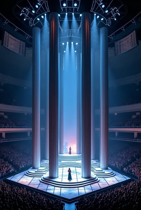 Create a stage for Adele with elevators and platforms that go upwards and past the audience and an LED floor inspired by The Eras Tour at the Tacome Dome 