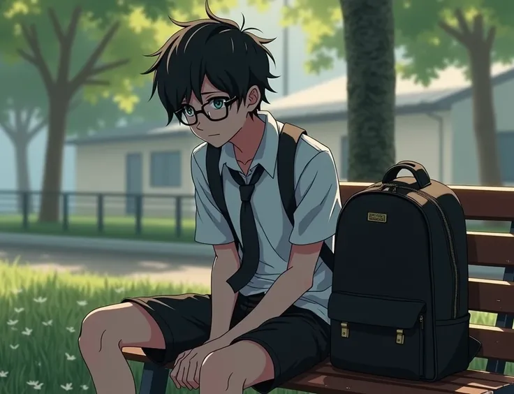 A 16-year-old teenage man wearing a school uniform but a little rebellious, his clothes with black hair, black eyes and black glasses sitting on a bench and next to him is his expensive black backpack would be hyperrealistic short hair.