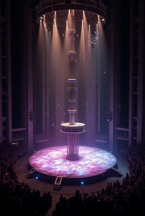 Create a stage for Adele with elevators and platforms that go upwards and past the audience and an LED floor inspired by the no Tacome Dome 