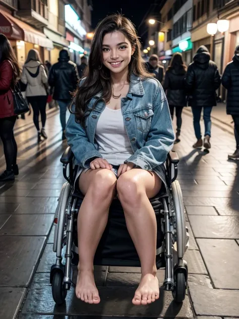 Brunette skinned wheelchair girl showing bare feet, smiling, castanho jacket, on a sidewalk full of people weighing 
