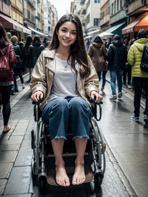 Brunette skinned wheelchair girl showing bare feet, smiling, castanho jacket, on a sidewalk full of people weighing 
