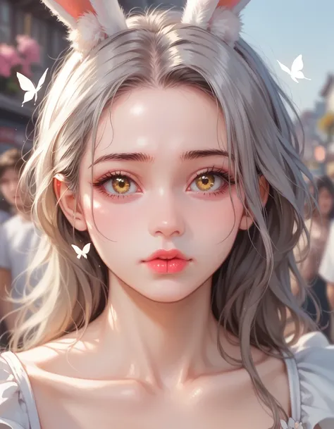 detail, Realism, 4K,  girl, Detailed faces, Big yellow eyes, Plump lips, upturned nose, gray hair with pink streaks, in a white dress, with a rabbit in his hands, Flowers in the background, White butterflies in the foreground, Realistic shooting, depth of ...