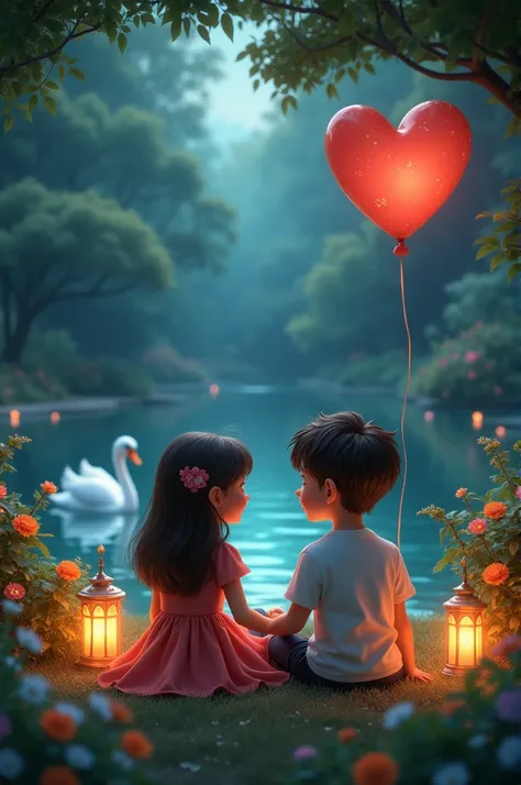 Desney couple sitting in beautiful garden in night time boys looks girl and hold in a hand heart shape baloon and swan swimming