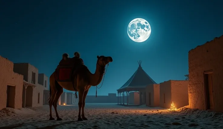 a detailed ancient arab desert at night,mud houses, a large tent, a camel, a moon split in to two parts in the night sky, dramatic lighting, cinematic composition, hyper-realistic, 8k, intricate details, award winning photography