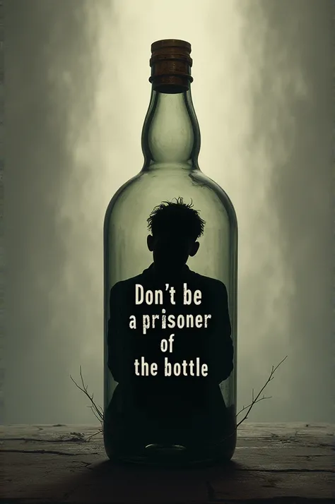 poster,  title " alcohol chains you ",  with an image of a person trapped inside a bottle, and a message that says  " Dont be a prisoner of the bottle "