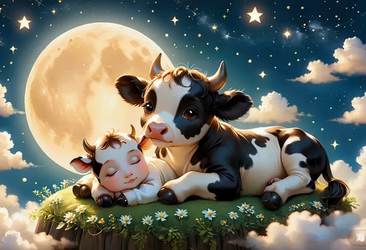 A cute baby cow sleeping on a cloud. The baby cow is surrounded by the Moon and stars. Soft, warm ambient glow.