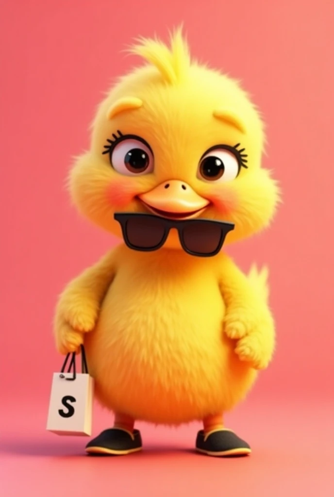 Create a logo with a chubby animated duck with a yellow color and a pink background with sunglasses and black shoes with a shopping bag in your hand that has a letter S in the smallest bag the cutest duck with a purple background