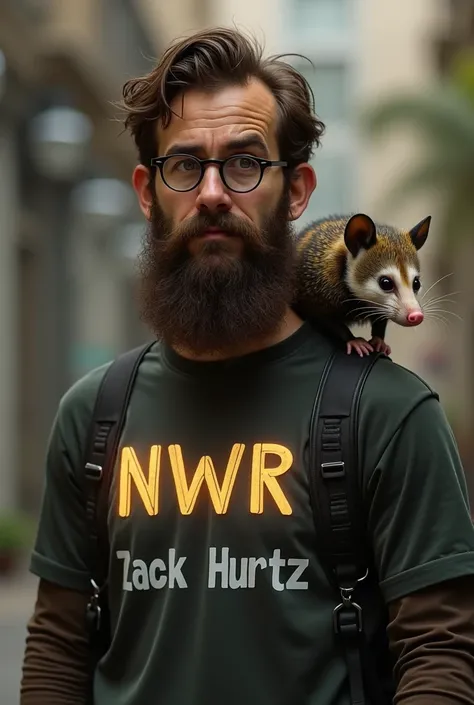 A nerd with a beard wearing glasses with a possum perched on his shoulder and the glowing letters NWR written on his pocket protector and the words Zack Hurtz written on his shirt 