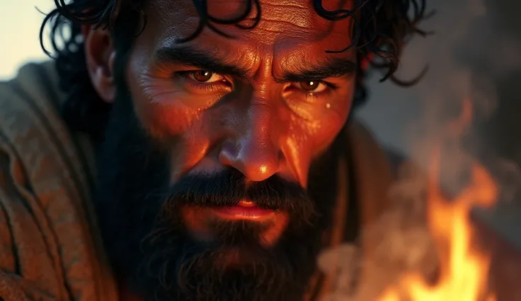  Close-up of Cains face watching the smoke of the offerings,  ultra realistic detail of his changing expression , thick black beard , drops of sweat on the forehead,  eyes reflecting the fire of the altar . Ancient Hebrew clothing , evening light. 8K,  ((m...