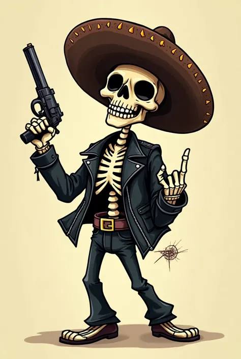 Chida calaca with hat and black leather jacket ,  that the calaca has a gun in one hand loaded on the shoulder and that the other hand is lifting its finger in the middle. with an animated style