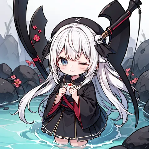 solo,1female(chibi,cute,kawaii,age of 10,hair color white,braid hair,messy hair,eye color dark,eyes closed smile,white skin,big smile,enjoy,full body,wearing Grim Reapers black Robe,holding scythe and skull,skip,flower hair ornament,white hair),background(...