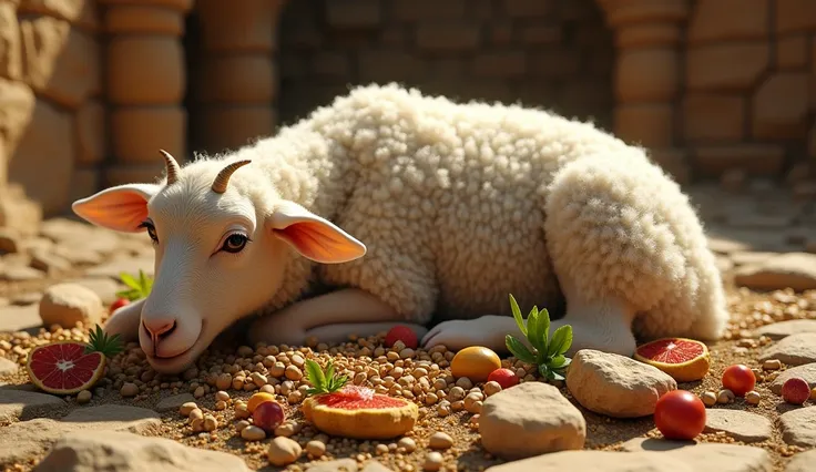  Close-up of the offerings :  a pristine lamb on ancient stones next to a pile of agricultural products.  Precise historical detail of grains and fruits from the Mesopotamian era . natural light, técnica  hyperrealistic, Ultra detailed textures, , (( hyper...