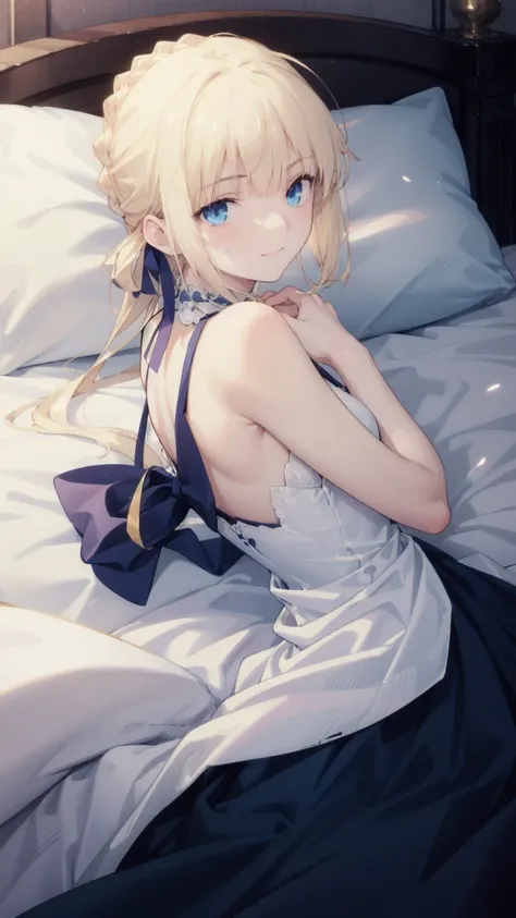   Very detailed, masterpiece,   best quality , solitary,   soft smile, Smile gently,   1 girl at home,   blue eyes,  Long hair , blond, long blond,   French braid ,   bangs, The full body headdress  ,   strappy dress,   open back dress , Carnelian Pillow, ...