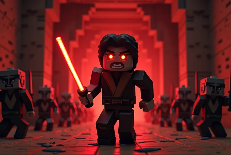 A minecraft Anakin Skywalker (about 30, evil eyes, tweaker, red lightsaber ignited) is entering the Minecraft Jedi Padawan training room where around ung Jedi are training (confused, scared)