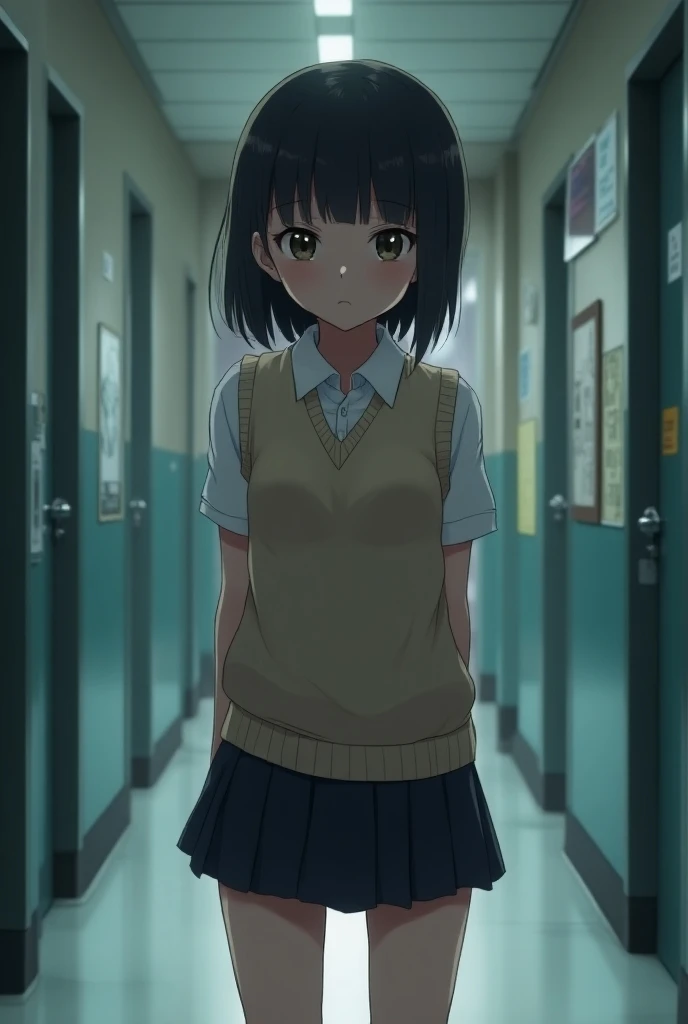 Shy anime highschool female student. Her outfit is a school uniform. Background in the school hallway. Pov from her head to her waist.