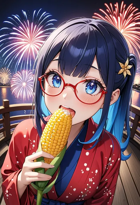 (best masterpiece, high resolution:1.5), (8K, RAW photo, fisheye effect, perfect anatomy, golden ratio:1.3), pointillism, professional photography, gaze, lone Japanese idol, (realistic:0.5 ), (Eating corn: 1.5), (Corn pattern, red yukata: 1.5), (Spectacula...