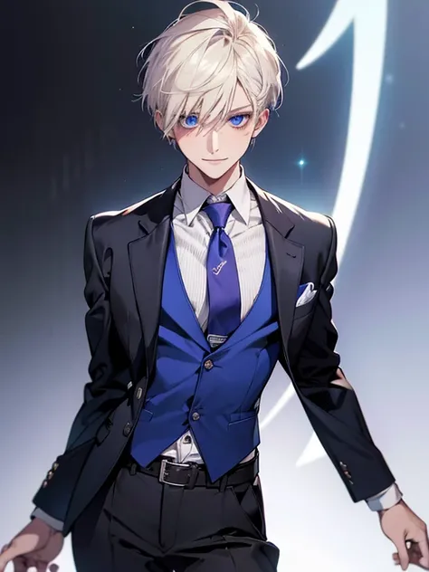 (masterpiece,  highres icon,  best quality , in detail), eyes,  expression of smile facade,  Platinum blonde hair ,  short hair, blue blazer, white shirt, Violet tie ,  cardigan wool vest , belt, black pants, blue eyes, student,  Super detail, Necessary. h...