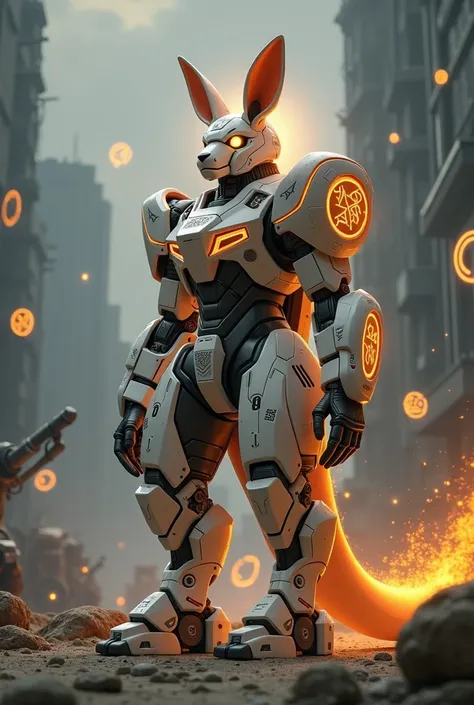 kangaroo, in a Gundam suit  ,  Orange Runes Surrounded ,  Floating Orange Runes ,  Orange with White Contrasting , dark_Fantasy, cyberpunk, (best quality,  Masterpieces ), On the Moon , 1 person,  Mechanical Wonders ,  Puppet Presence Engine ,  Cybernetic ...