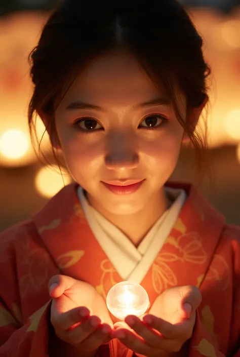  close up image of a beautiful 18-year-old Japanese girl dressed as a geisha with white makeup on her face,  she is happy and smiles while holding a floating Japanese flashlight in her hands ,  detailed eyes,  realistic skin at night and in the background ...