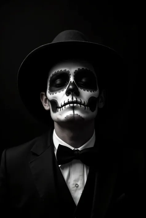 I like the , But I want him to be a man and for the background to be black dressed as Catrin as Day of the Dead, wearing a hat and focusing more on the face from the front, Without flowers looking up at my face with my eyes closed, But let it be a man with...