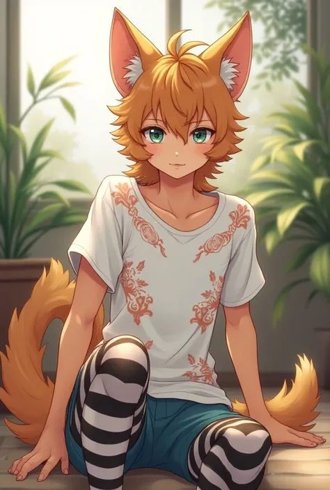 an you make a image with this prompt? : "a anime male fursona brown cat that has cool hair and is sitting down. They are a femboy! They are wearing a white t-shirt with cool designs on it. Also they are wearing a small light blue cute anime panties as thei...