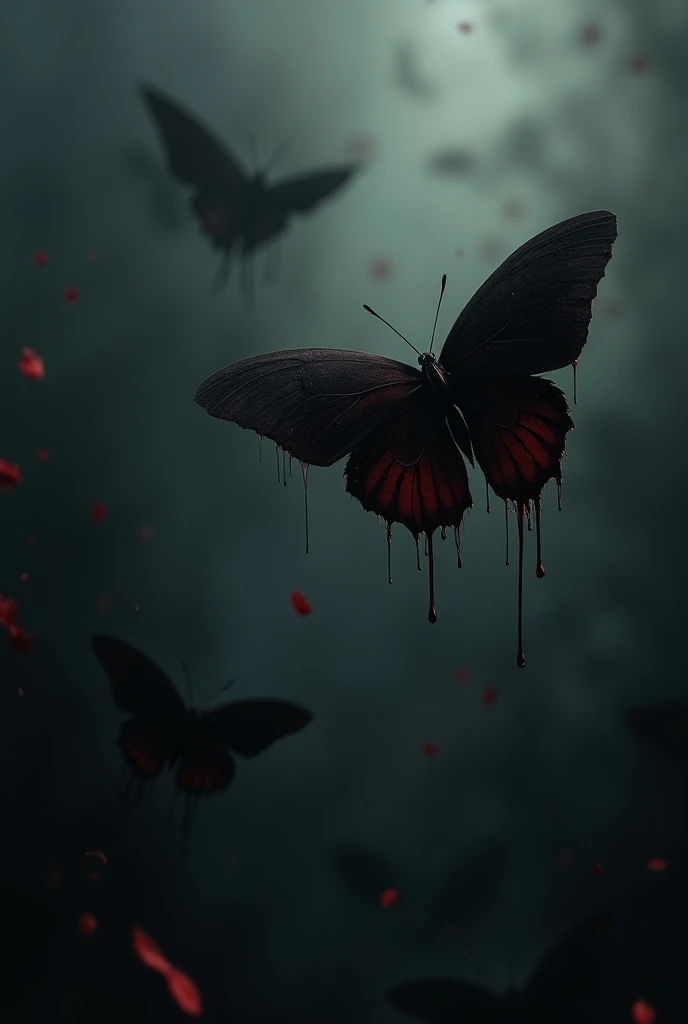 Black butterflies with dripping blood aesthetic dark background 