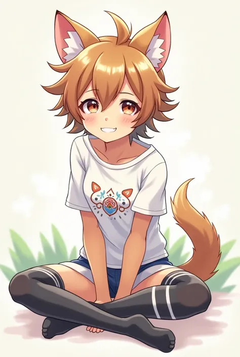 an you make a image with this prompt? : "a anime male fursona brown cat that has cool hair and is sitting down. They are a femboy! They are wearing a white t-shirt with cool designs on it. Also they are wearing a small and cute anime style panties as their...