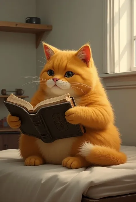 A fat yellow cat studying the Bible on his bed in dormitory 