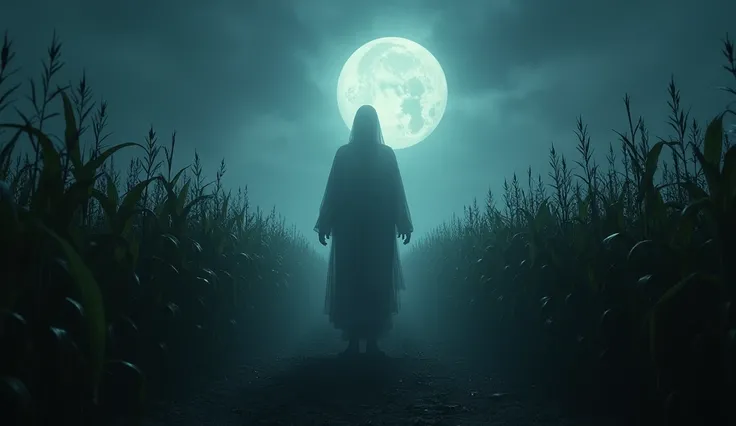  The specter of Abel appearing in a dry cornfield during the night,  his translucent moonlit figure ,  corn moves unnaturally around him . cinematic style, elements of Mexican Gothic horror 