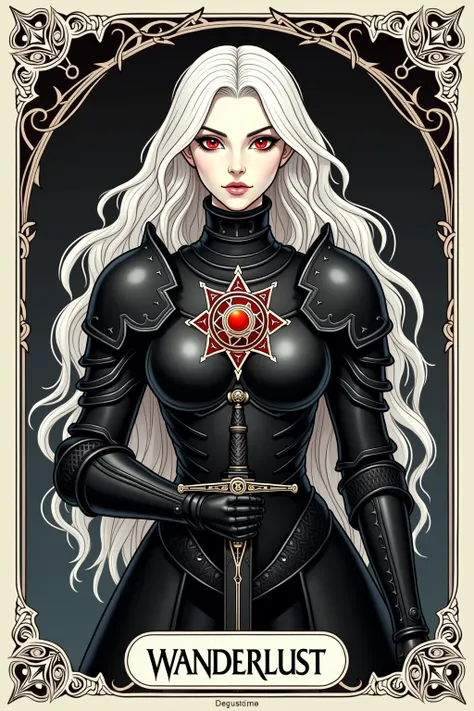  symmetric tarot card art concept of white-haired and red-eyed woman,  black armor , holding sword, ( detailed armor ) (armour ornamented with sphere of chaos),  the sphere has a circle and eight points, Arrows ,  Chaos Star, (detailed star ) Tema Loucura ...