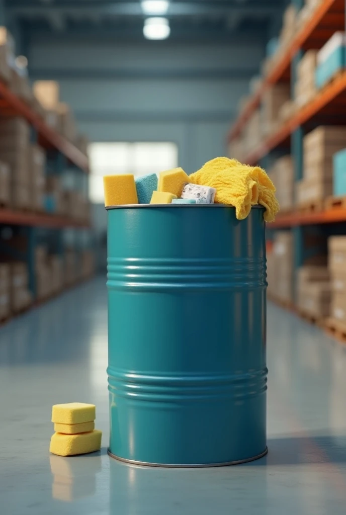  Chemical drum in warehouse in excellent condition,  includes cleaning products , sponges and foam rubber 