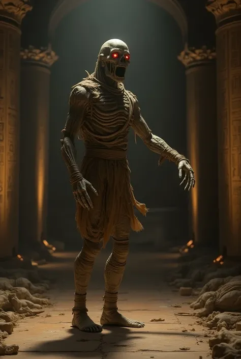 a shocked human mummy pointing at a line of animal mummies, highly detailed, 8k, photorealistic, dramatic lighting, cinematic, dark fantasy, ominous atmosphere, ancient egyptian aesthetic, intricate details, dramatic poses, muted color palette, chiaroscuro...