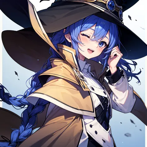 roxy migurdia, Masterpiece, Best quality, Very detailed background, hand on own cheek, Open mouth, Eyes closed, clench ones teeth, Smile, arms back behind, bangs, Black tiara, Blue eyes, Blue hair, Braid, Brown cape, Cape, Floating hair, hair between eye, ...