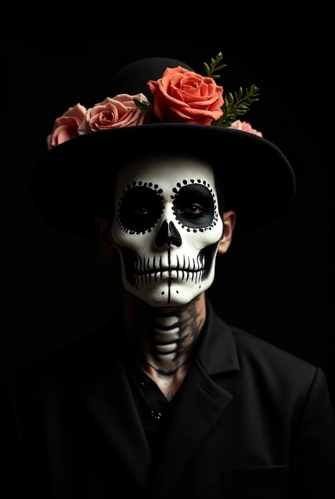 I like the , But I want him to be a man and for the background to be black dressed as Catrin as Day of the Dead, wearing a hat and focusing more on the face from the front, Without flowers looking up at my face with my eyes closed, But let it be a man with...