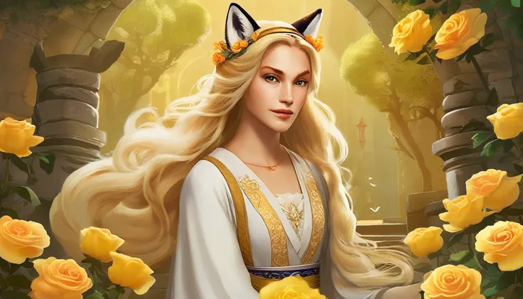  The image shows a female figure with ears and a fox tail ,  giving the impression of being a hybrid character or inspired by a kitsune.  has long blond hair ,  wearing a vibrant and detailed yellow dress .  The figure is surrounded by a natural setting , ...