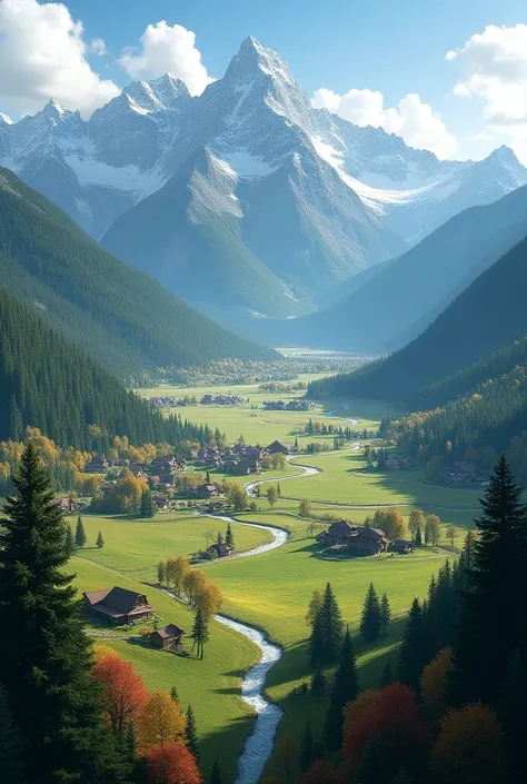 the mountains are covered with spruce, maple, spruce forests. very wide is a big village located in the valley. wide fields