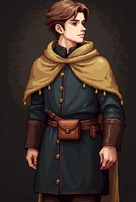 (Pixel art: 1.2), side view of a medieval historian apprentice character, 32 years old, wearing dark blue robes with subtle detailing, brown leather boots, a small brown satchel hanging from a simple leather belt, white skin, short, tidy brown hair, curiou...