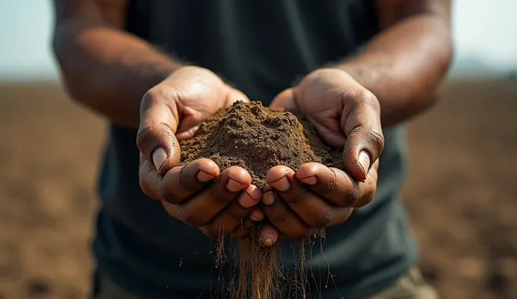  Cracked hands holding dry dirt that runs between the fingers like black blood,  blurred background of a barren field .  Detailed macro photograph , dramatic texture 