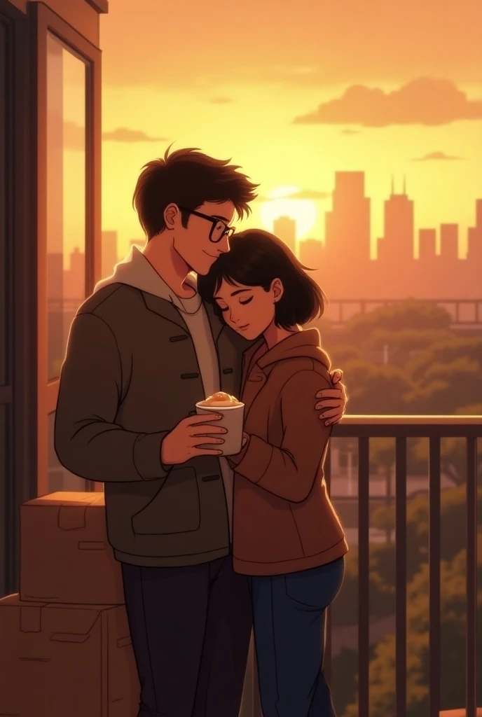 A young couple, recently moved into their new apartment, stands on their balcony, embracing as they watch the sun set. Their unpacked boxes are scattered around the cozy space, hinting at a fresh beginning. The handsome man, wearing glasses, smiles softly,...