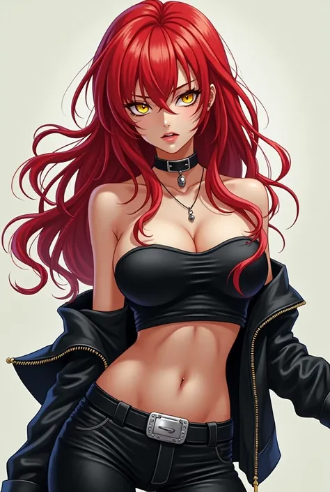 Anime-inspired style. A woman with Long red hair with some curles. Yellow eyes. Punk-like style. Shes Wearing a black strapless leather top, black leather pants, and a silver belt.
