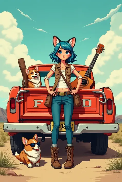   Cat-Eared Western Country Girl from Country Road has a guitar case。Next to her、  かわいいウエスタンスタイルのサングラスをかけているコーギー犬butいます  , number々Awards, Best Quality, Illustration effect for posters and magazines, 動きのIllustration,   Concentrated line  , Optical illusion,...