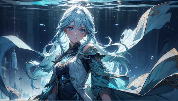  a beautiful girl in an undersea sanctuary where blue light shines in 。An intricate stone relief spreads out in the background 、 A fantastic scene where the aura of floating light drifts quietly