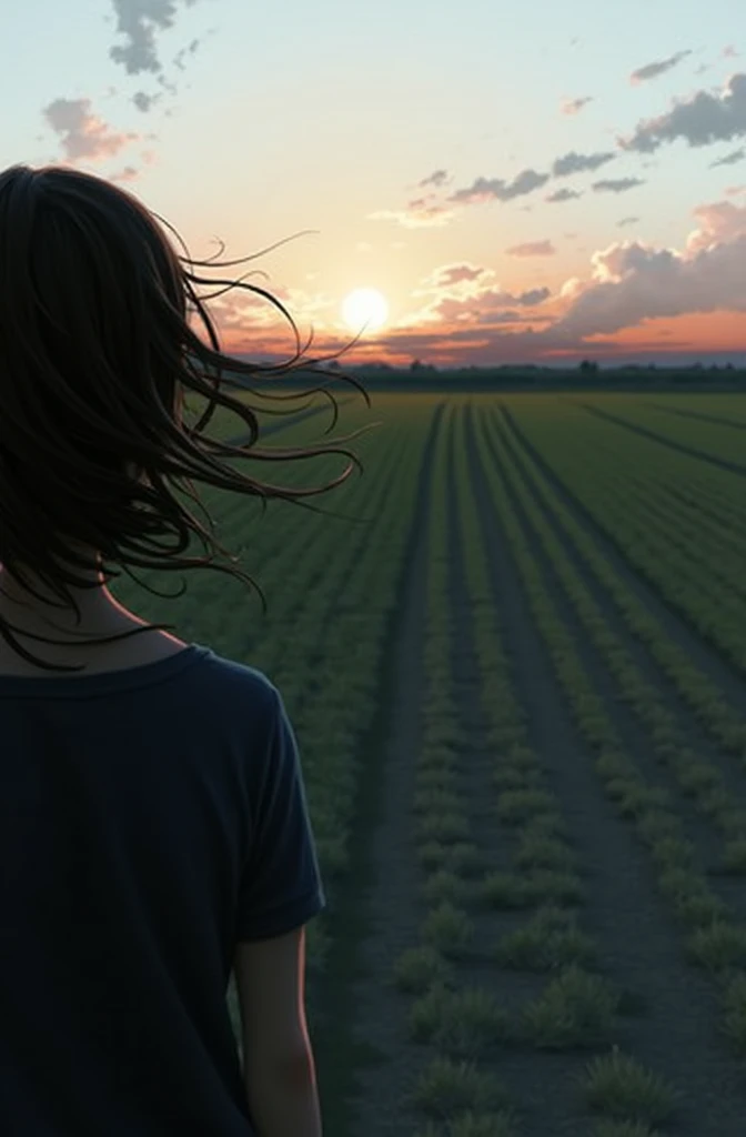 A girl , back side, sky, sunset 