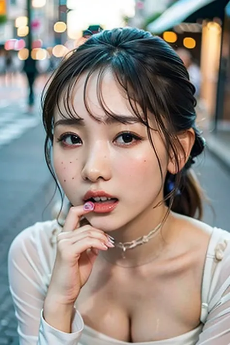 nsfw, Attractive face ,  close your eyes 、  face focus   , Open Wide, Large amounts of condensed milk in the mouth,(  happy  ),Off the street  ,   seductive woman,On the floor,throw,   looking up at the viewer   , Off-the-shoulder see-through wedding dress...