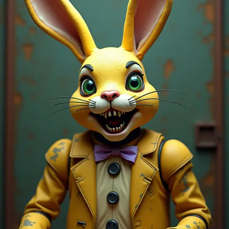 

 An animatronic rabbit standing with a vintage style ,  approximately two meters high .  Their fur is golden yellow ,  slightly aged and worn ,  with some parts of broken fabric that reveal mechanical parts inside.  It has long, flexible ears that lift u...