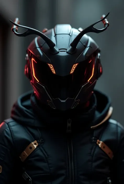 A high-tech helmet inspired by mosquito and cockroach elements, featuring long, curved antennae on each side and a smooth, shiny black shell with bronze highlights. The helmet has an angular, insect-like shape with wing details etched along the sides, and ...