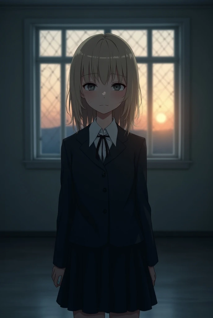  I want you to create the Image of an Anime Girl , The girl is young ,  She has Black Schoolgirl clothes and a White Shirt ,  She has a sad and depressed face so you can be noticed but dont exaggerate ,  She has dark blonde hair and Gray Eyes , She has Ven...