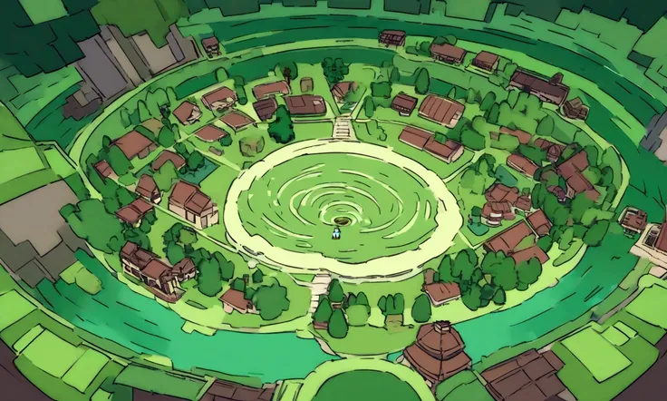 Minecraft characters Rick and Morty exit a big green swirling portal and begin to explore a Mincraft town with a forest nearby