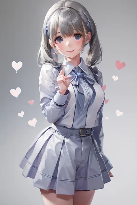 gray hair、blue and white eyes、 twin tails、light blue sweater(uniform)、cute、 girl、smile、making a heart with hands